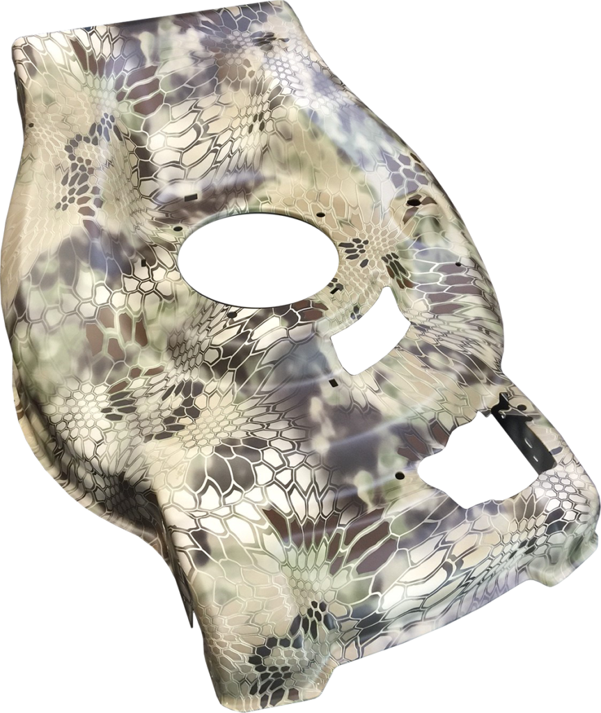 Example of a special kryptek camo hydrographics pattern on a metal lawn mower deck
